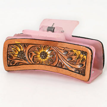 American Darling Floral Long Hair Claw Hand Tooled Carved Genuine Leather Brown Clips Clutcher Gift For Women Girls